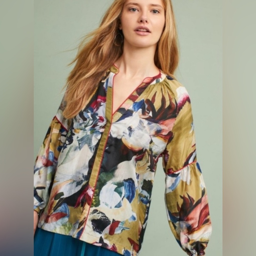 Vineet Bahl Anthropologie 100% Silk V Neck Button Down Blouse Top size XS